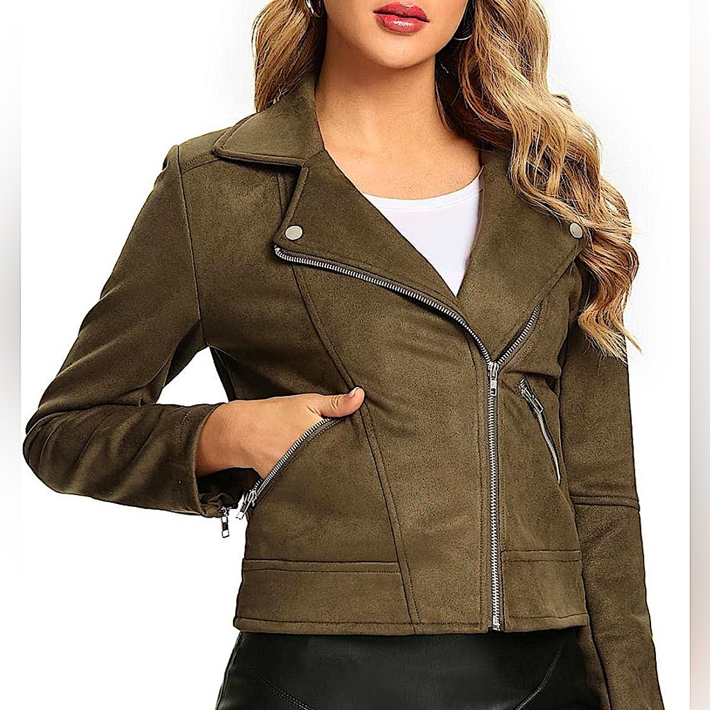 Womens Moto Biker Suede Jacket- Dark Green
